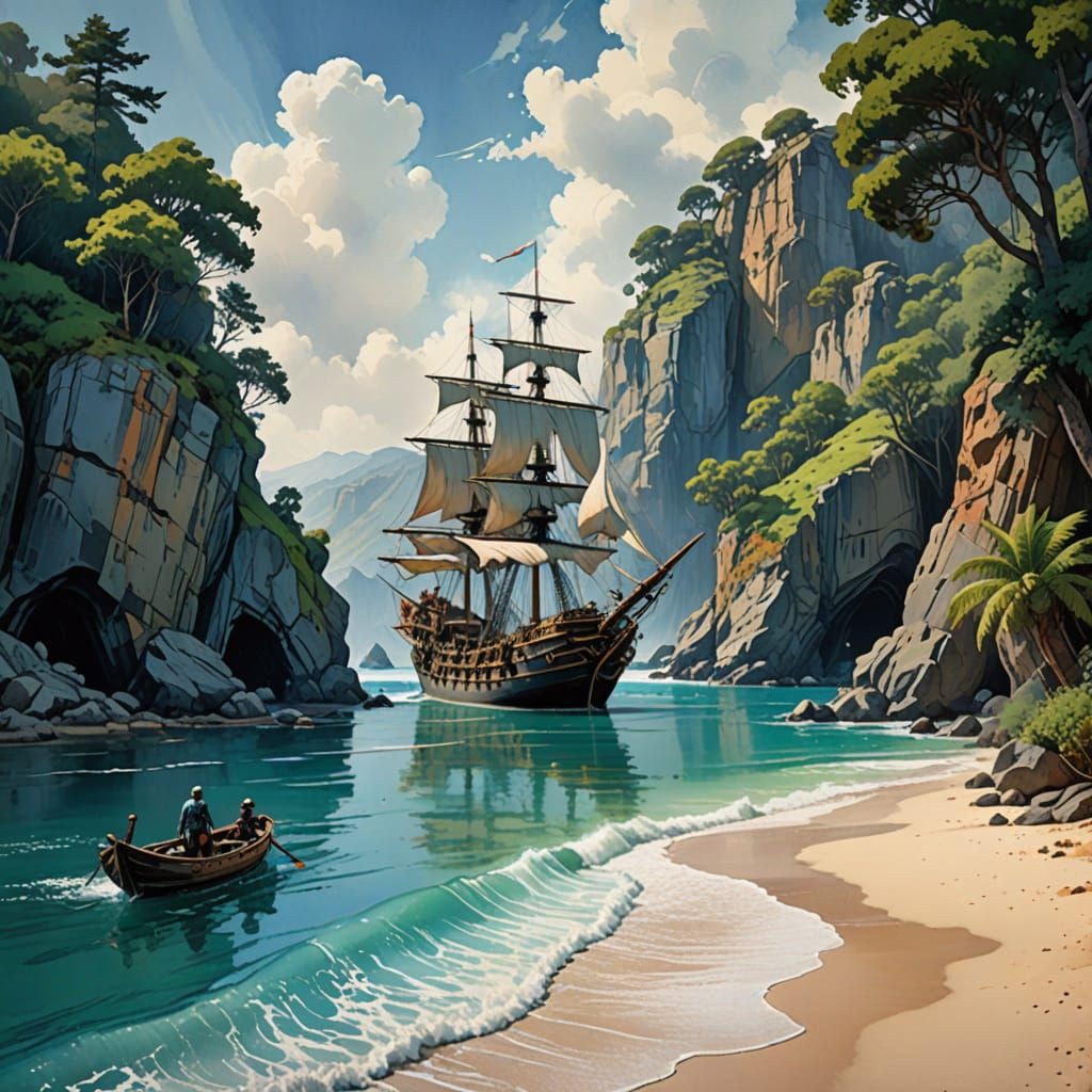 Tropical Pirate Cove in Vibrant Digital Watercolor