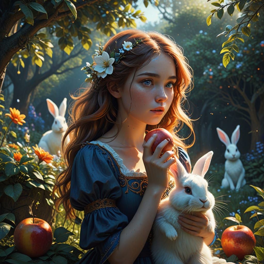Enchanted Garden Scene with a Girl and a Rabbit