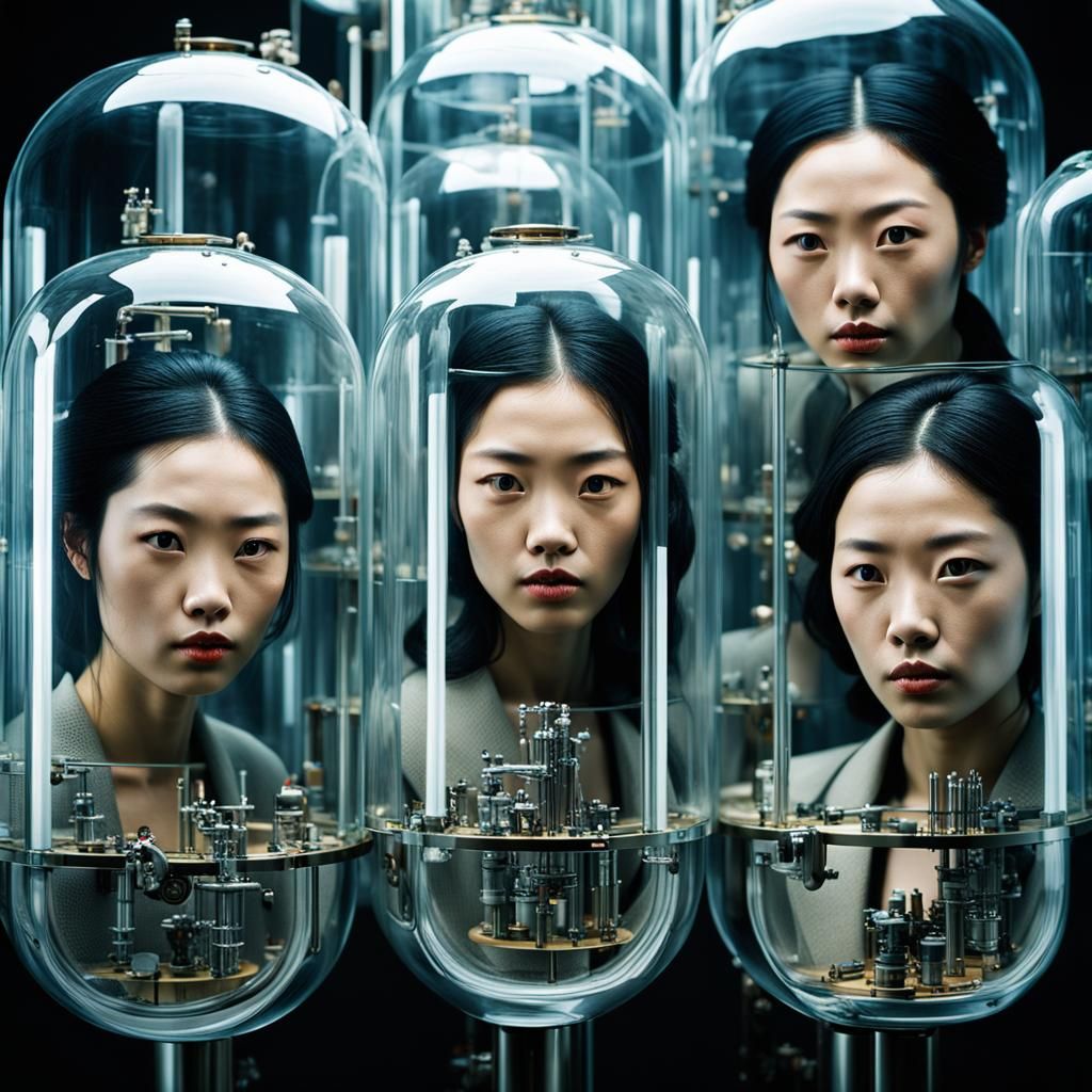 Japanese Women in Glass Tubes: Pulp Art Portrait
