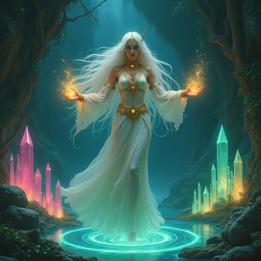 Enchanted Sorceress Levitates in Crystal Cave of Wonder