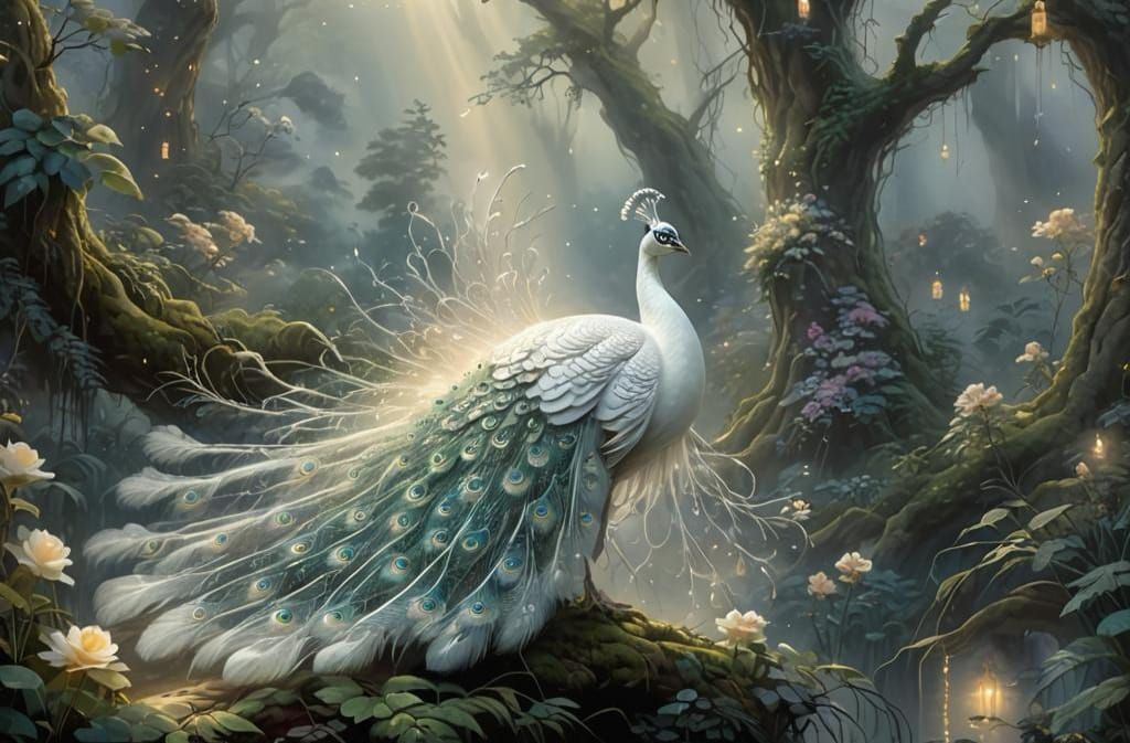 Ethereal White Peacock in Misty Forest