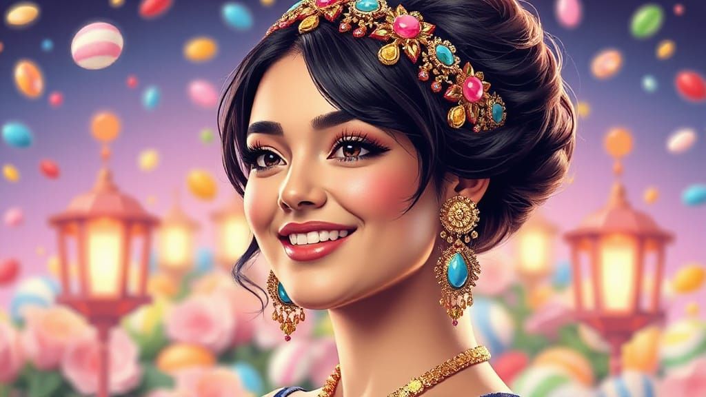 Whimsical Candyland Portrait of a Smiling Woman