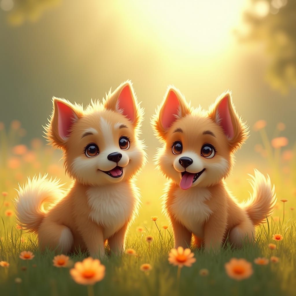 Realistic Dogs Play in Sunlit Meadow