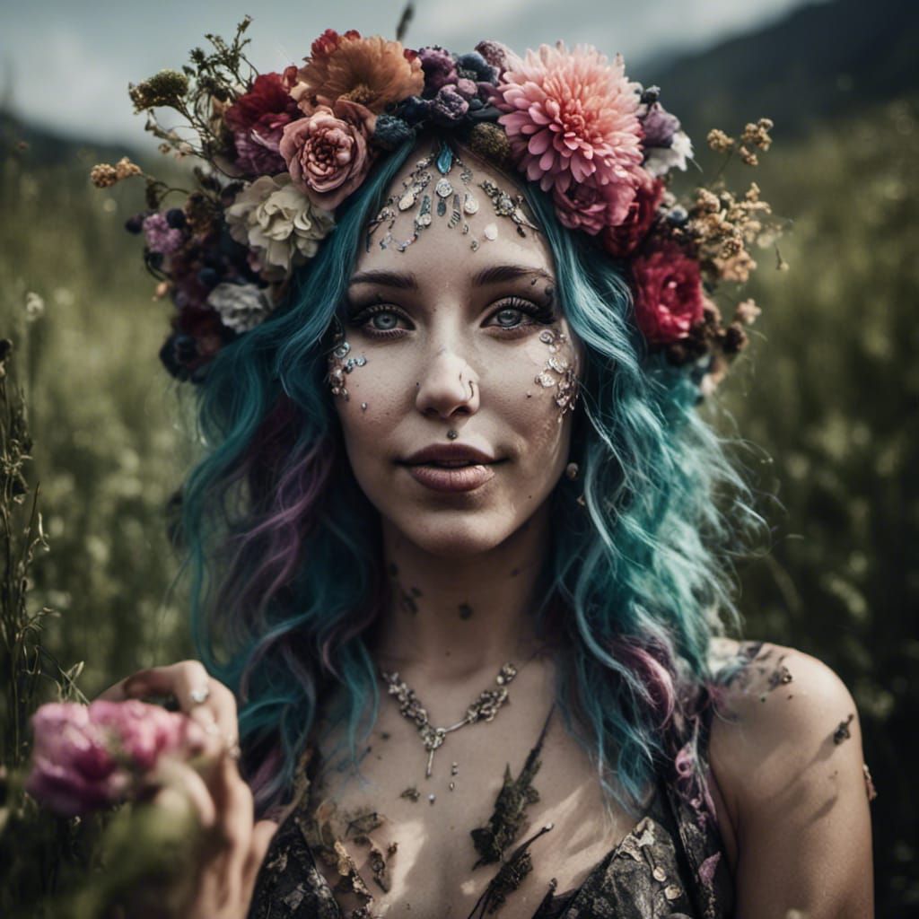 Panda-Eared Woman in Hyperrealistic Mountain Portrait