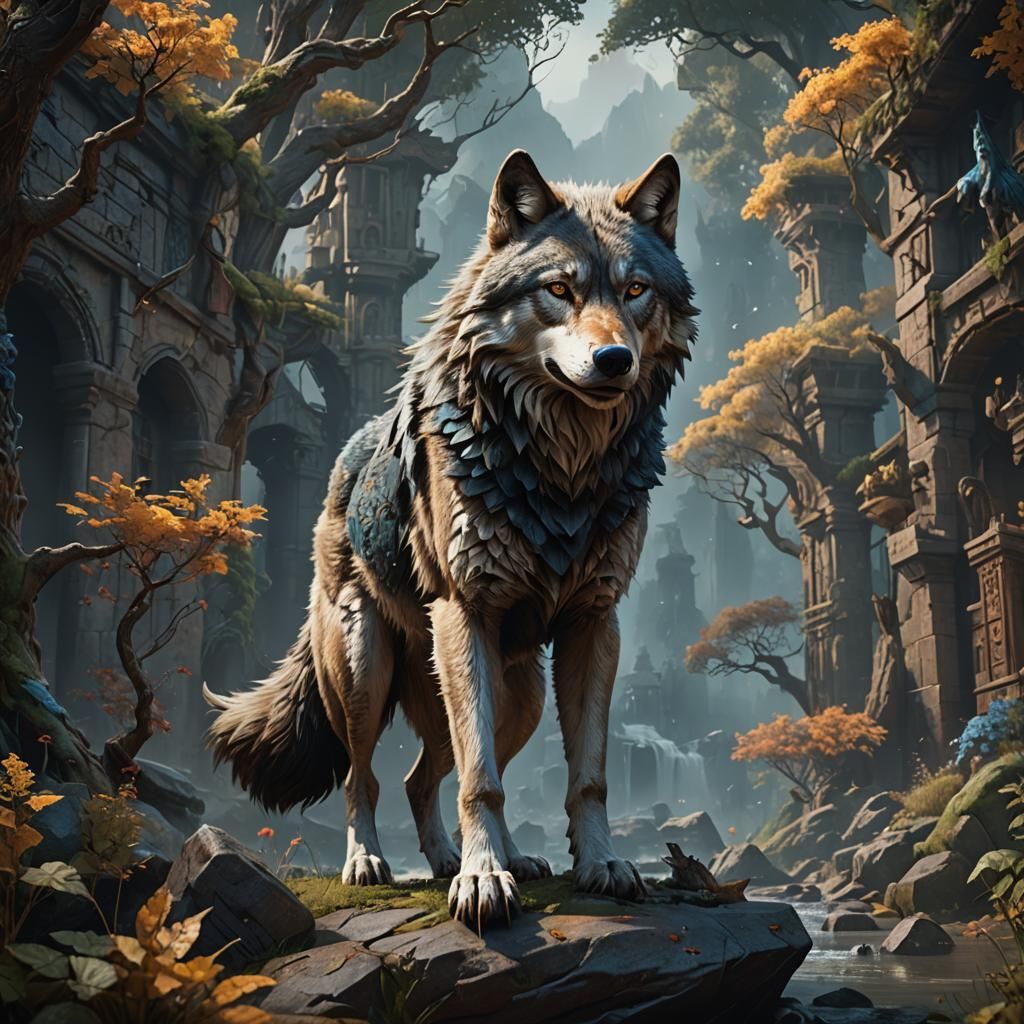 Detailed Wolf Matte Painting in Deep Color