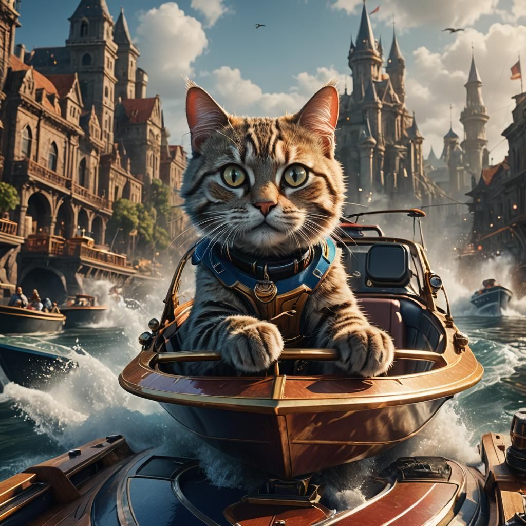 Cat Drives Speedboat: Detailed Fantasy Concept Art