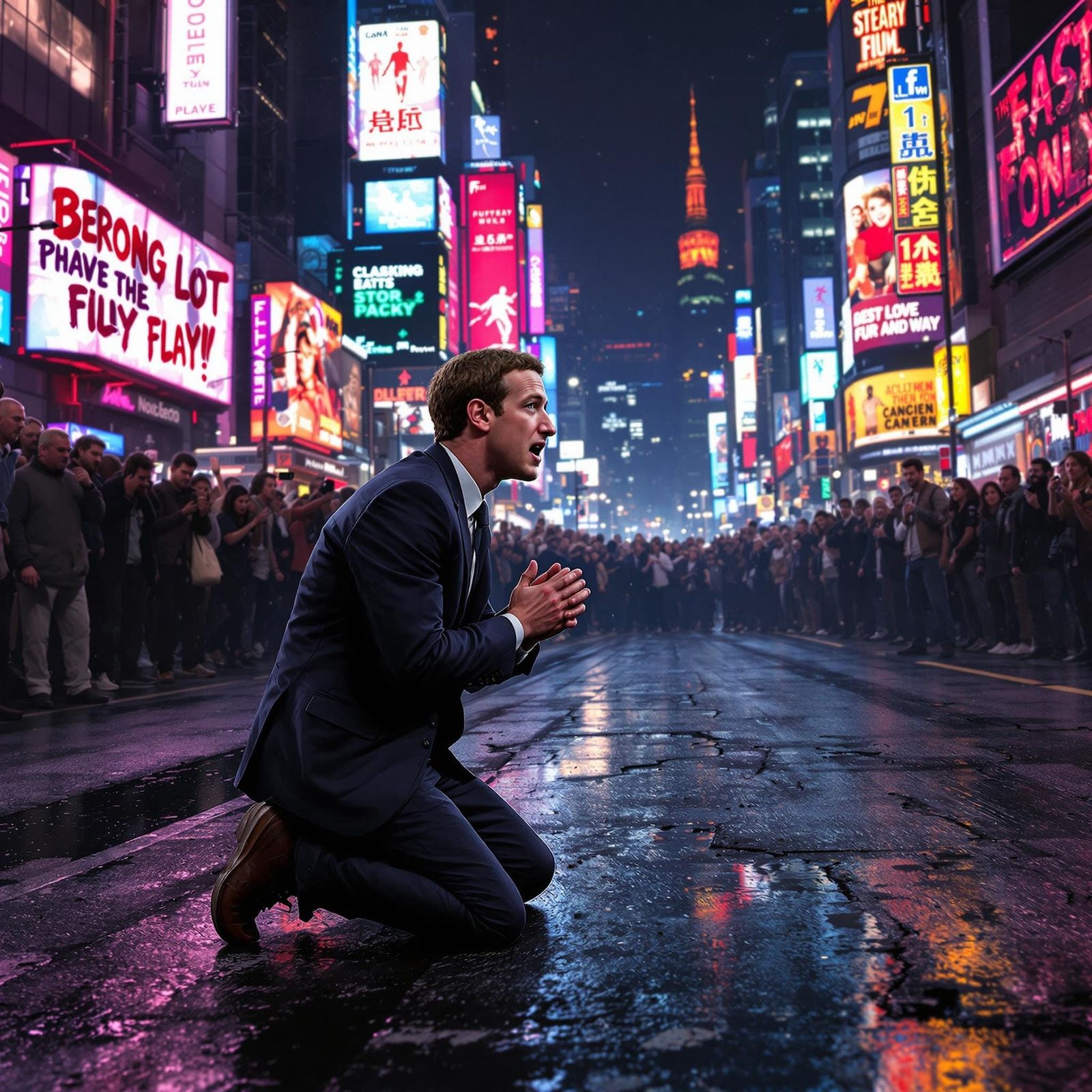 Mark Zuckerberg kneeling down in front of an angry crowd, begging for mercy