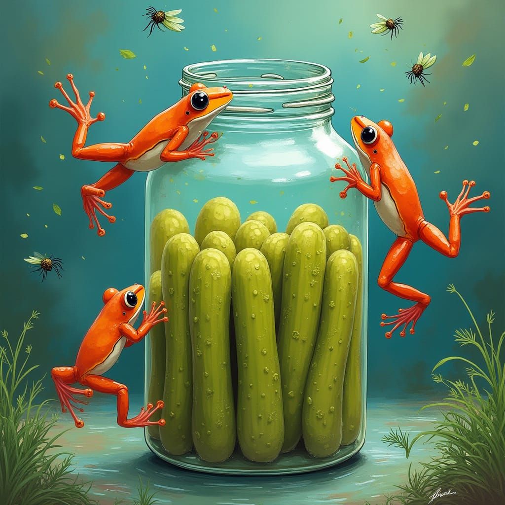 Colorful Frogs in Pickle Jar, Whimsical Art