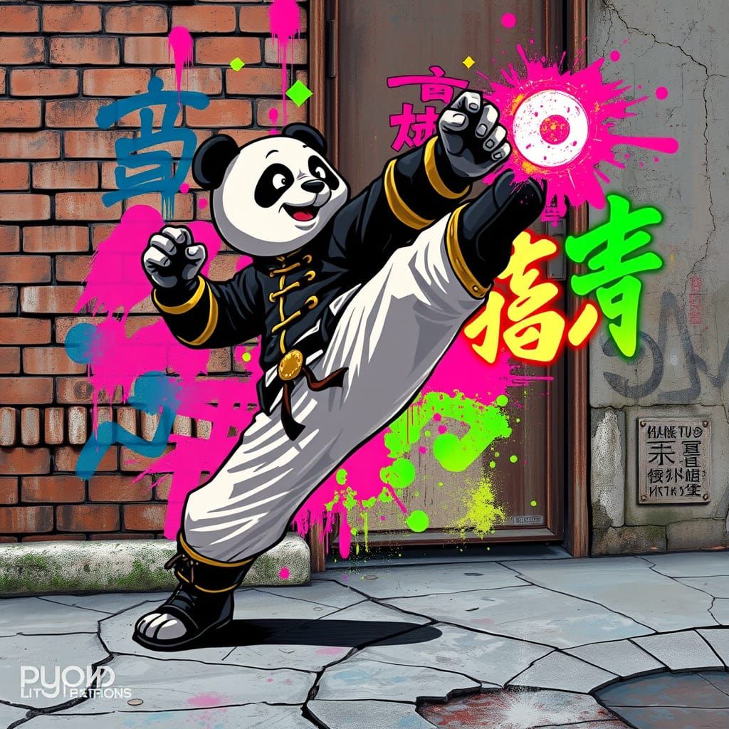 Vibrant Kung Fu Panda Street Art in Neon Hues