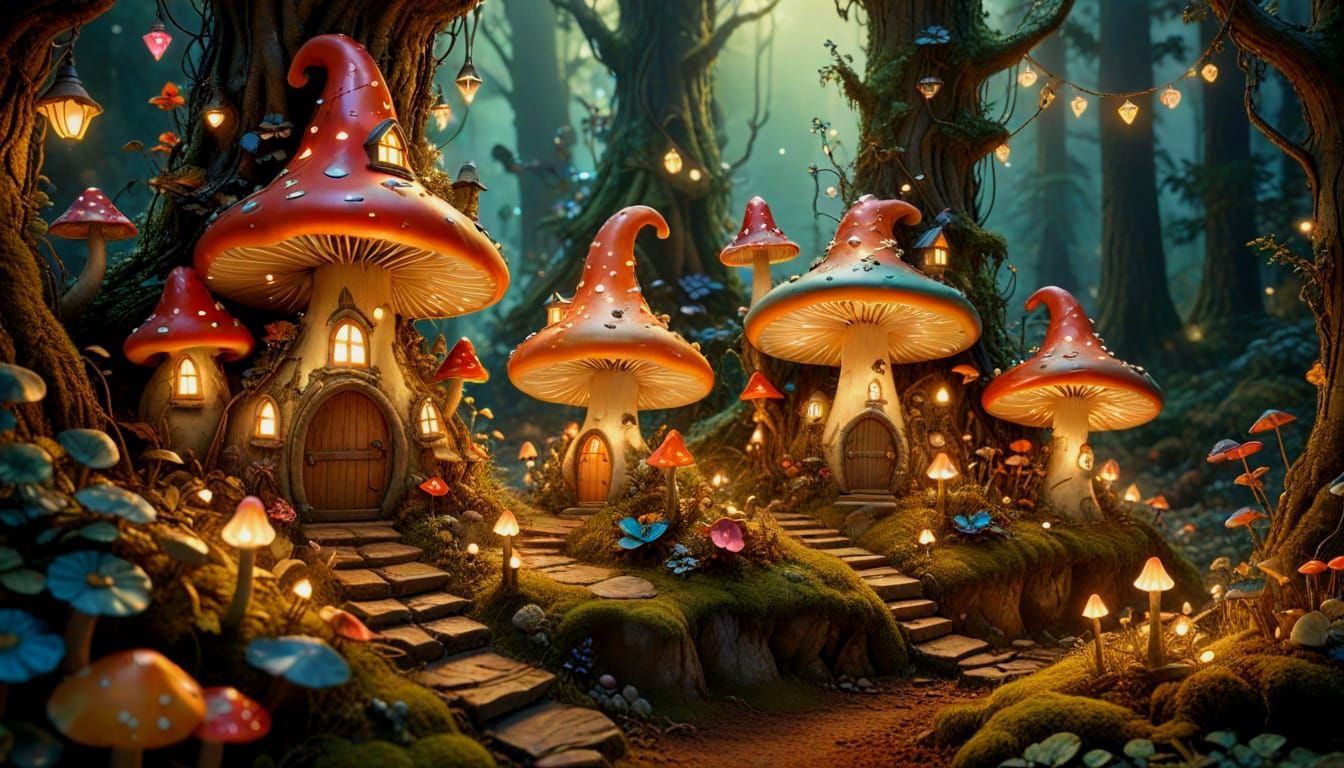 Whimsical Fantasy Village in Magical Forest