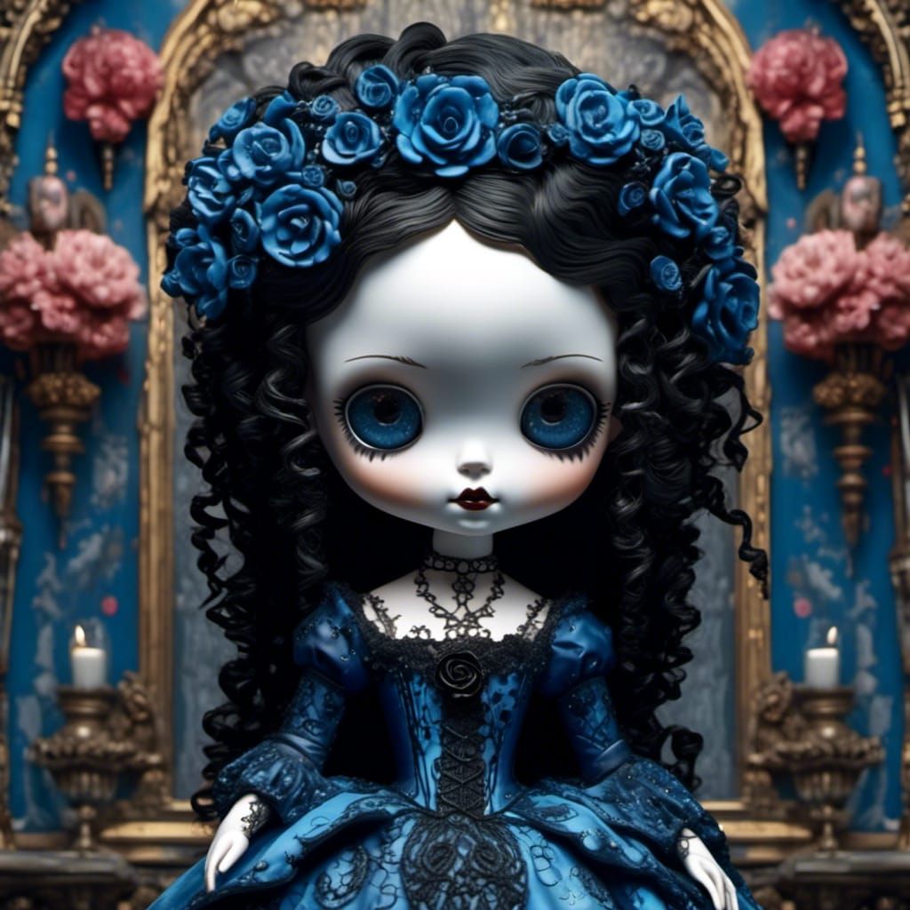 Ornate Gothic Porcelain Doll in Blue Dress