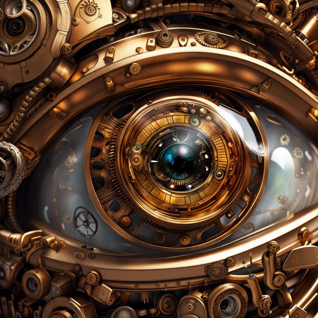 Steampunk Eye with Gears in Iris: Hyperrealistic Detail