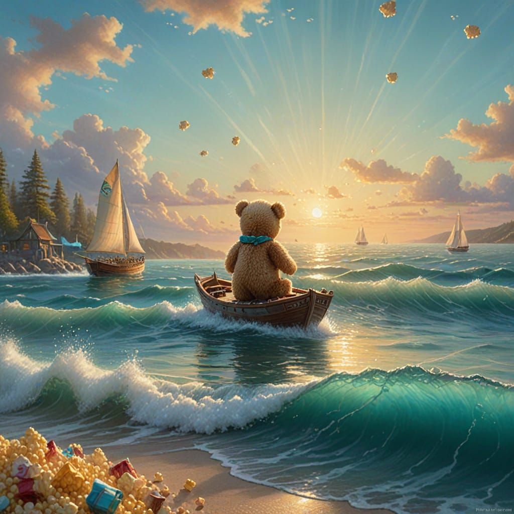 Popcorn Bear Sails Turquoise Sea in Luminist Style