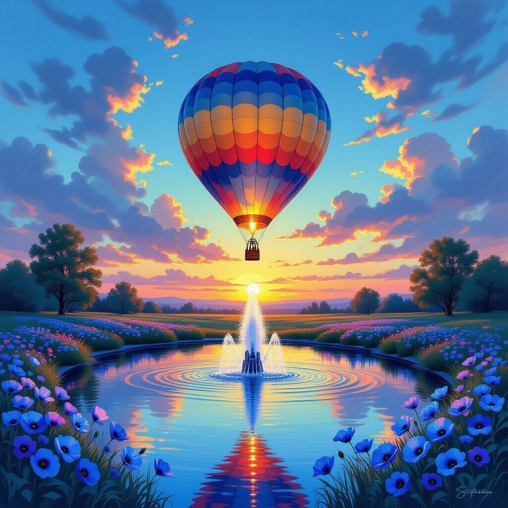 Hot Air Balloon Sunset over Poppy Pond