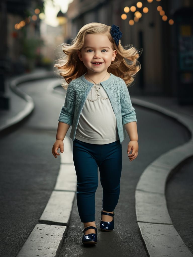 Graceful Little Girl Walking Down a Curving Street