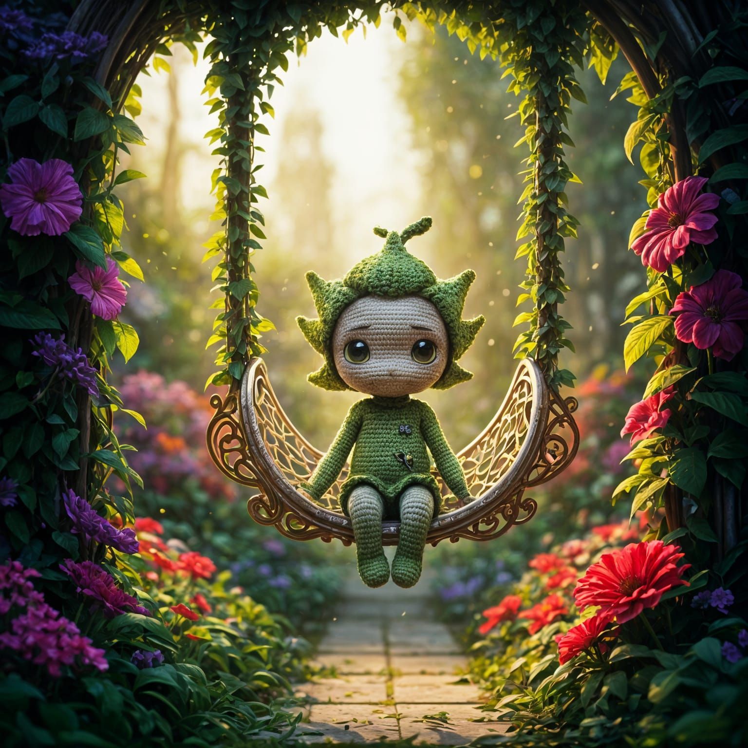 Crocheted Plant Child on Swing, 3D Render