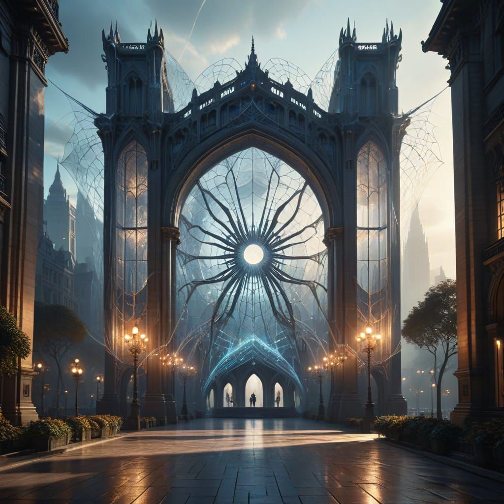 Surreal Spider Silk Skyscraper in Dreamlike Plaza