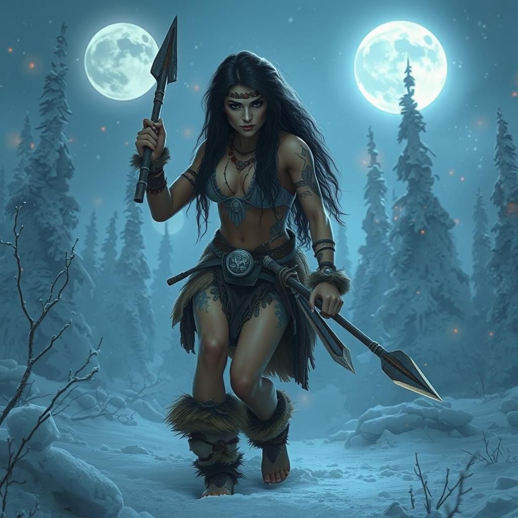 Prehistoric Cavewoman Stalks Prey in Mystical Snow-Covered F...