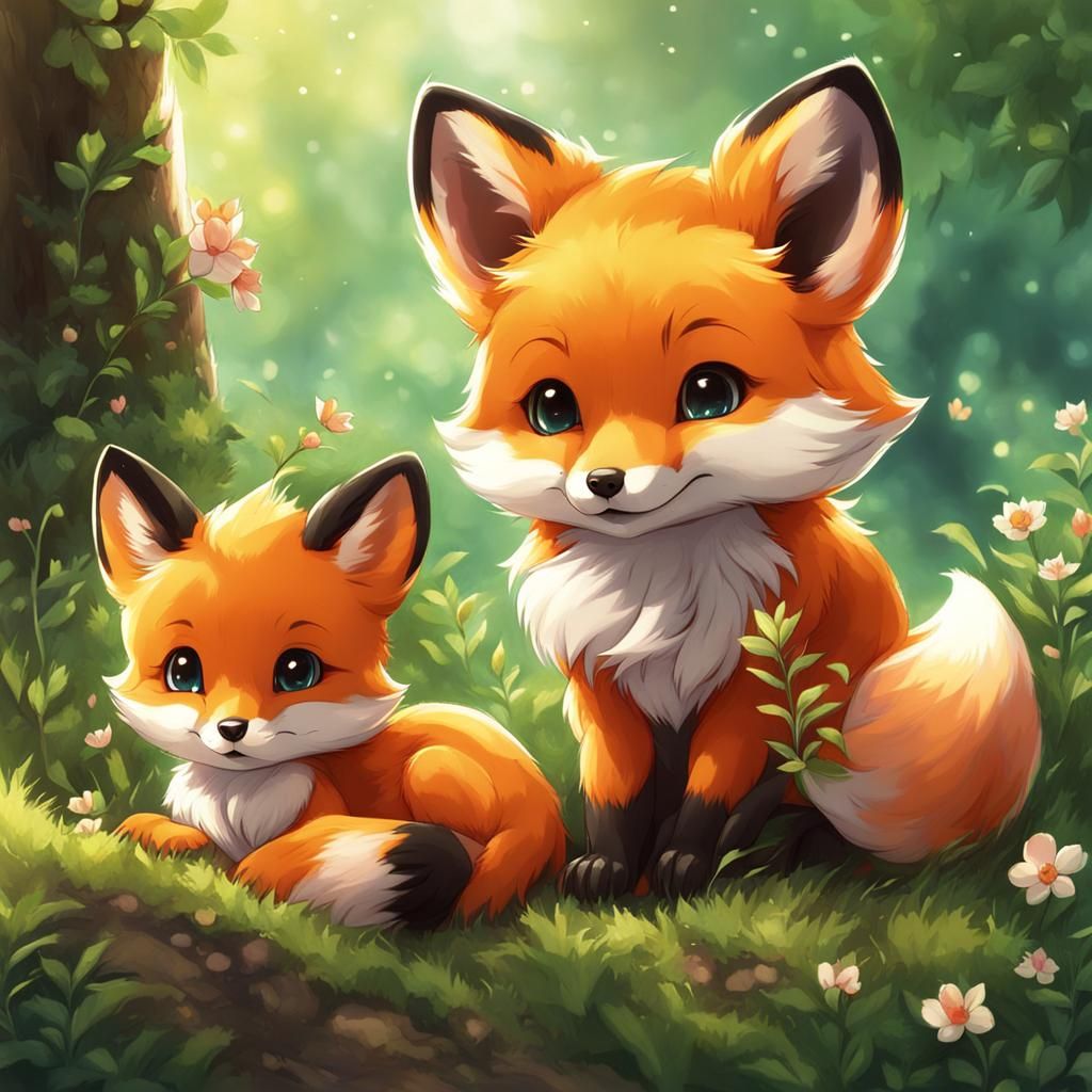 Cute Baby Foxes in Anime Style