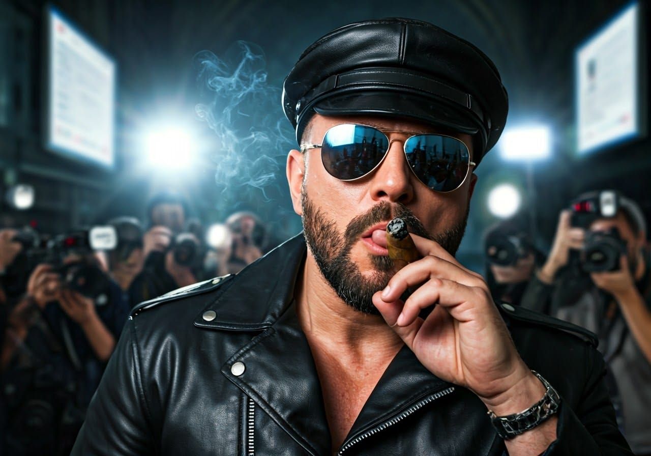 Charismatic Gay Leather Daddy Surrounded by Paparazzi in a M...