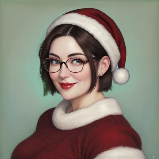 Festive Christmas Portrait of a Young Woman, Oil Painting