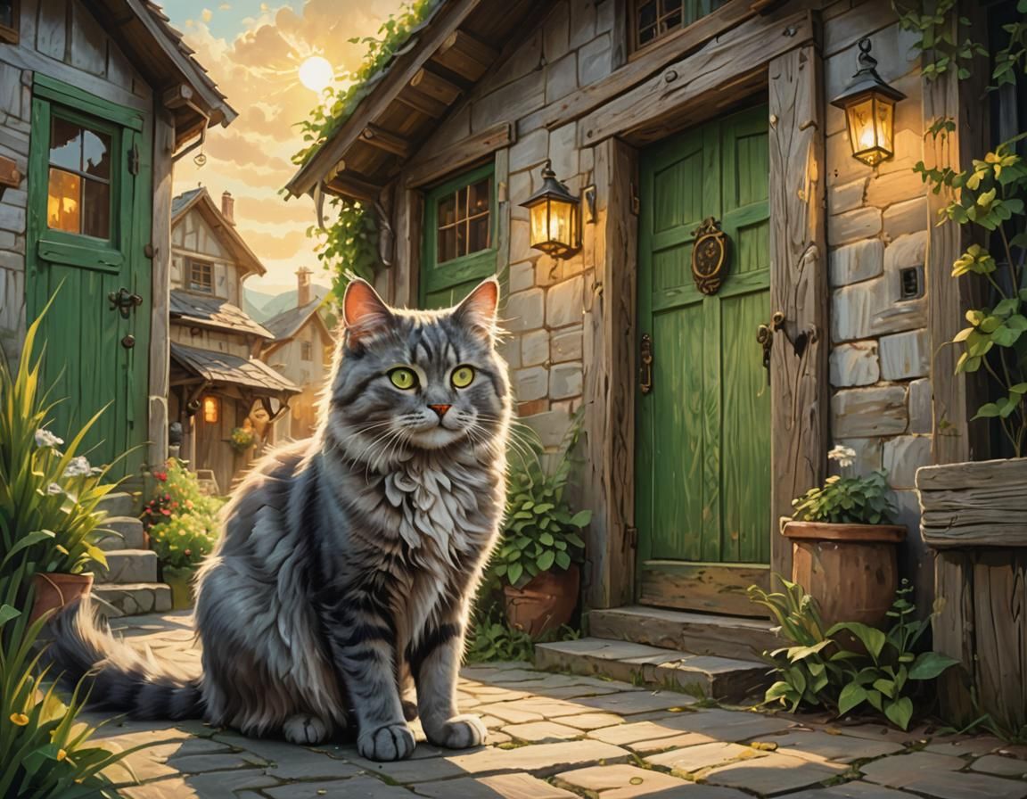 Fluffy Gray Cat in Fantasy Village, Oil Painting