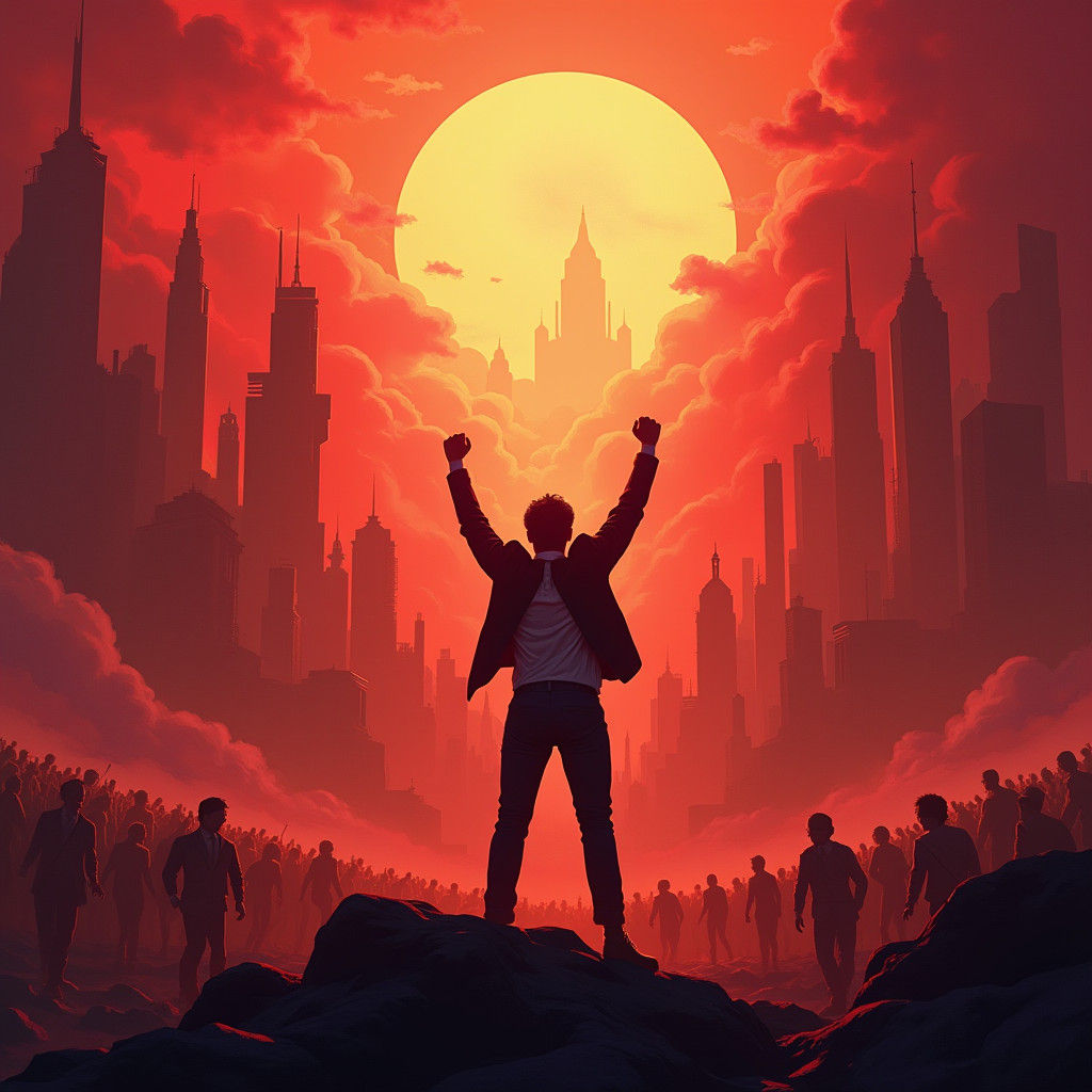 Victorious Leader in Crimson Metropolis, Concept Art Style