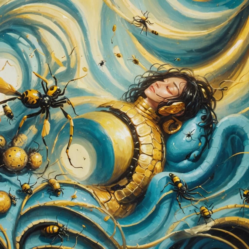 Surreal Embrace of Snake-Spider Creature in Dreamlike Colors