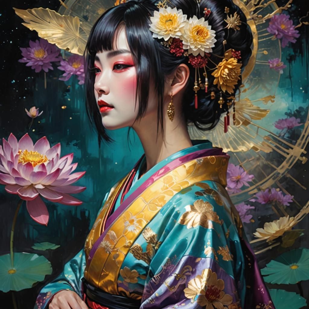 Geisha and Mirrored Reflection in Dark Fantasy Style