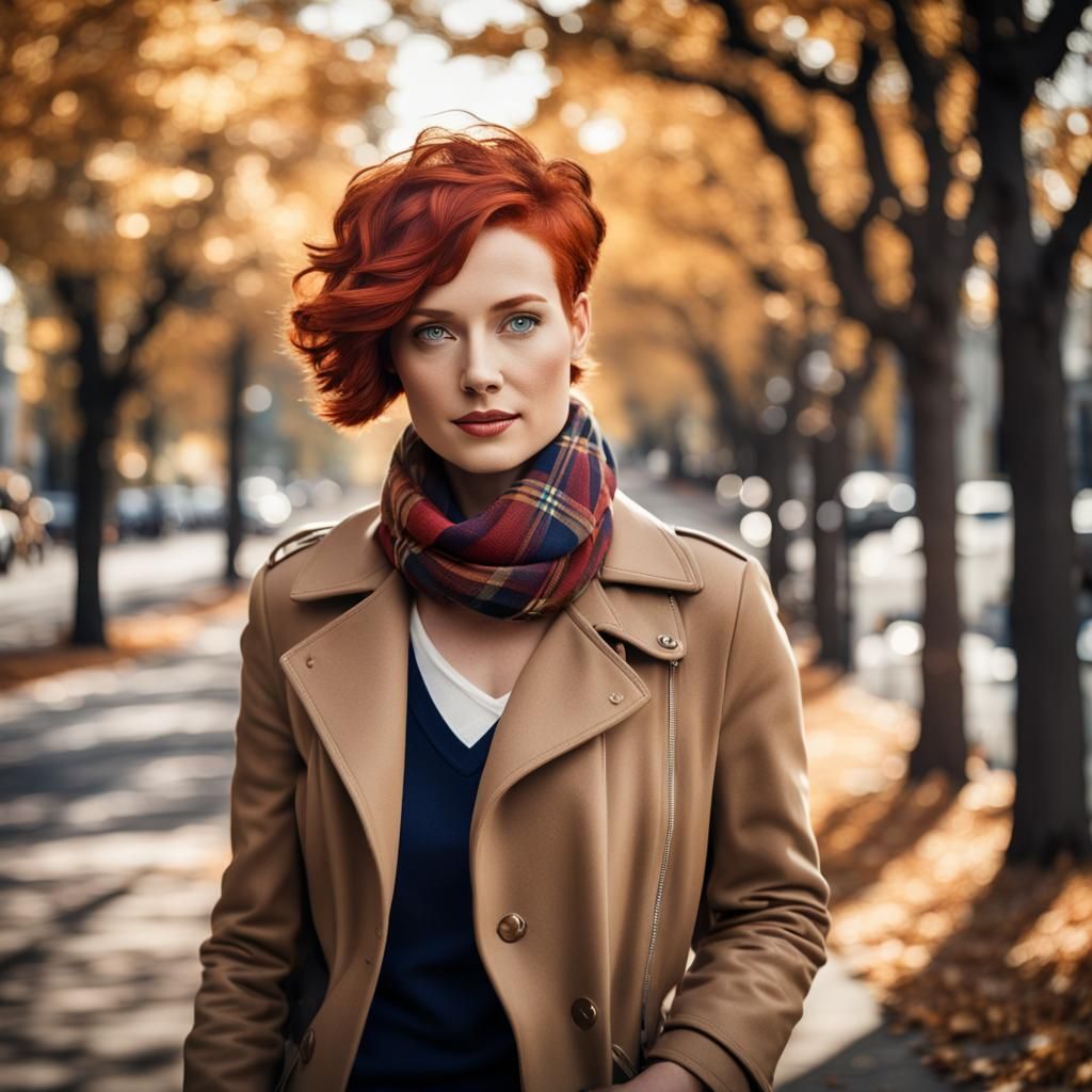 Autumn Woman with Red Hair in Retro Town