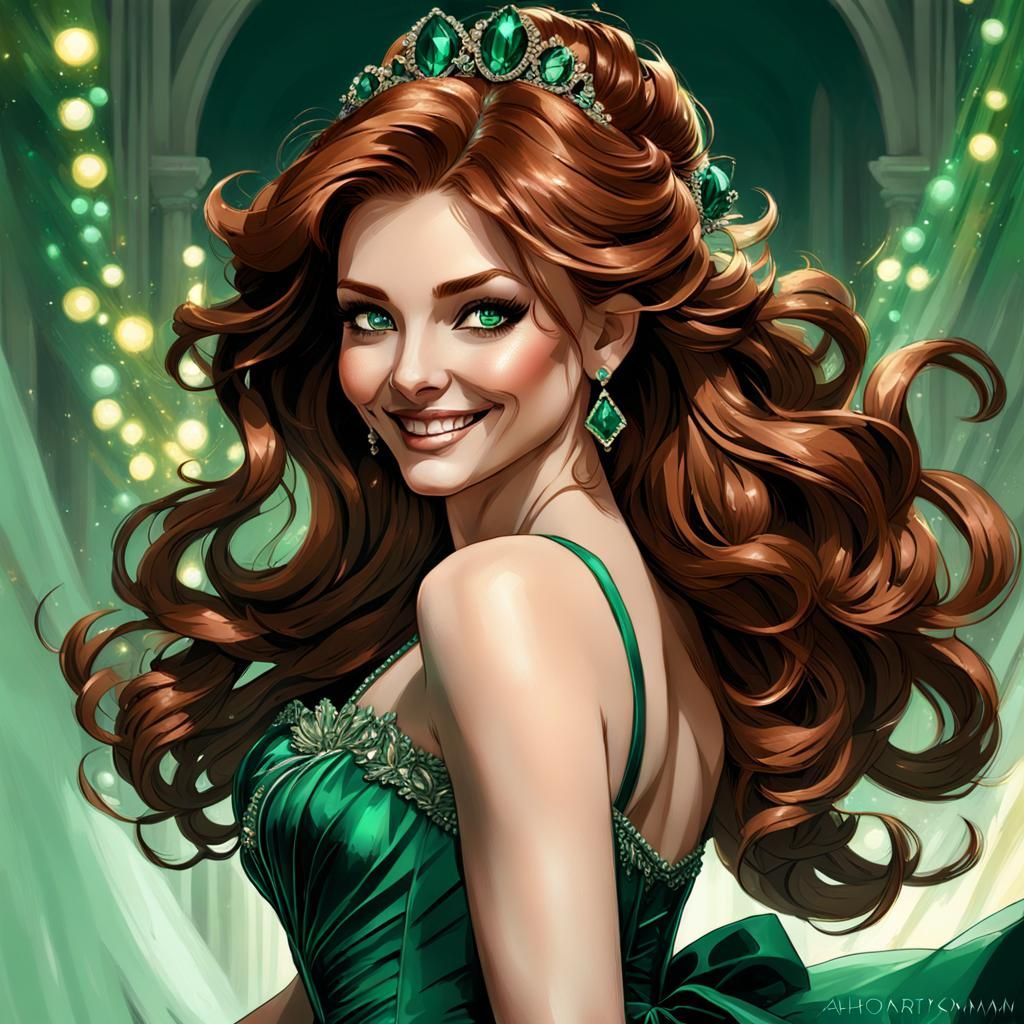 Auburn-Haired Woman in Green Gown, Art Nouveau Portrait