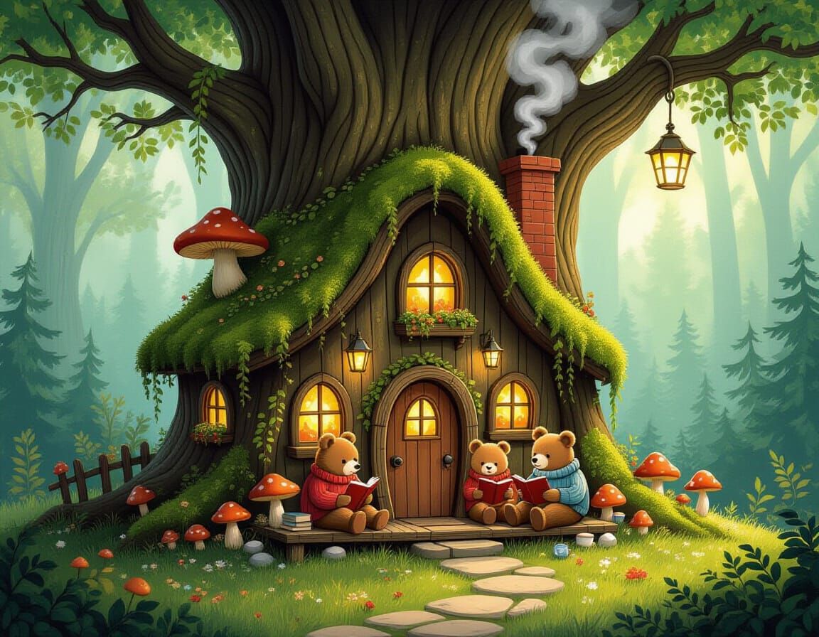 Enchanted Forest Cottage with Anthropomorphic Bears
