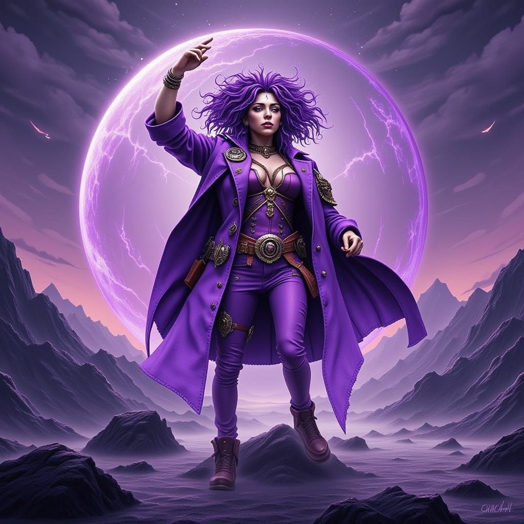 Vibrant Woman in Mid-Motion with Purple Hair