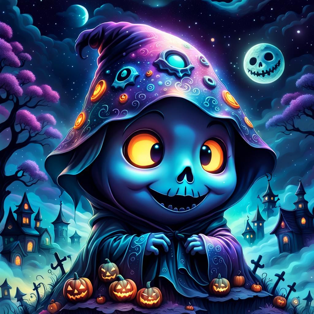 Psychedelic Halloween Ghost in 3D Chibi Style