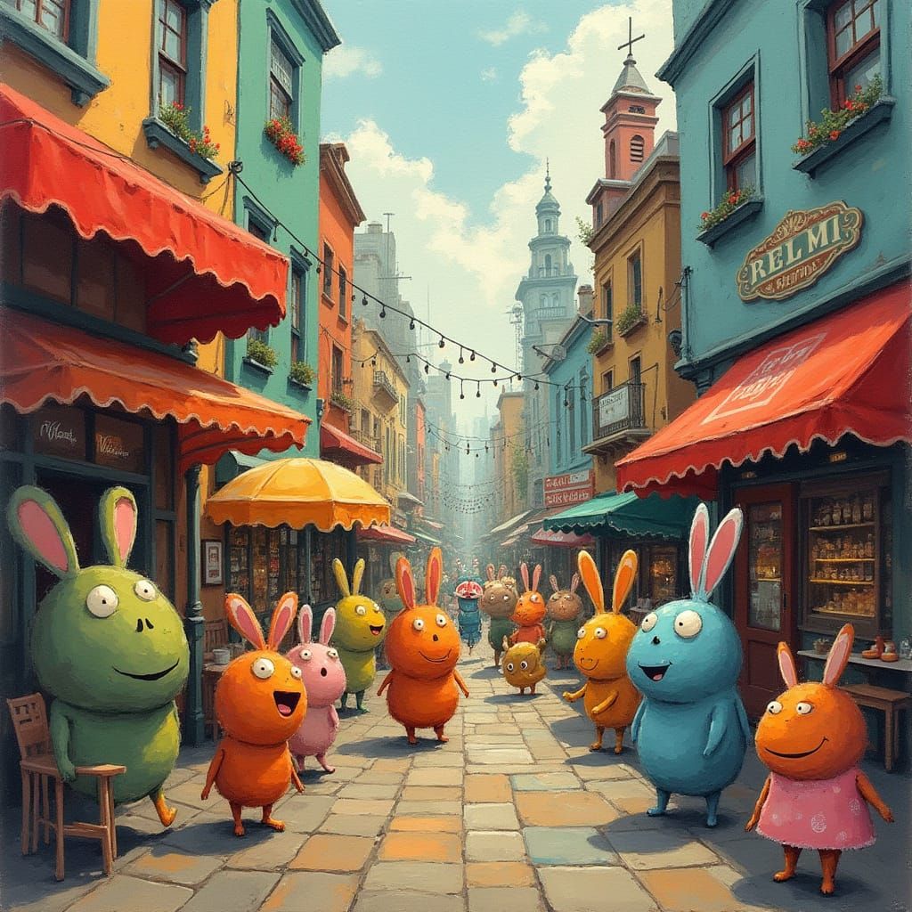 Joyful Animals in Bustling City Scene as Impressionist Maste...