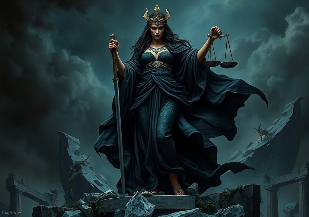 Nemesis: Goddess of Revenge in Dark Fantasy Style