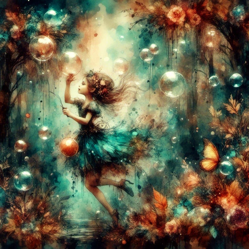 Happy Pixie Blowing Bubbles in Fall Woods