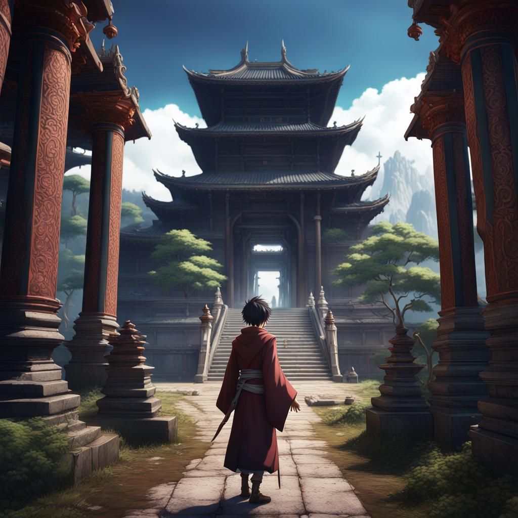 Anime Character at Temple: Detailed Matte Painting