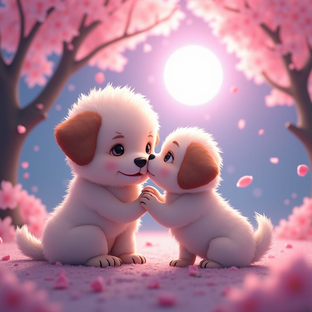 Puppy in Moonlit Garden: Vibrant Anime Art