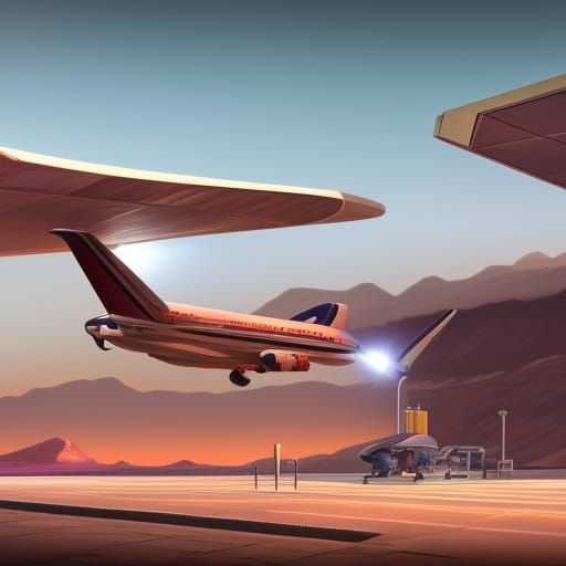 Futuristic Aircraft Refuels at Retro Martian Gas Station