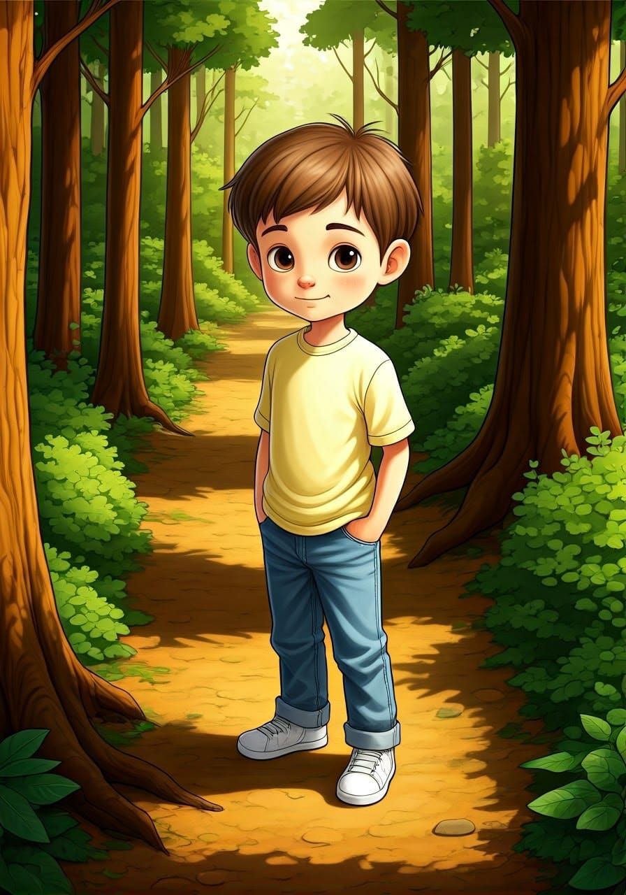 Charming Boy Stands in Vibrant Enchanted Forest