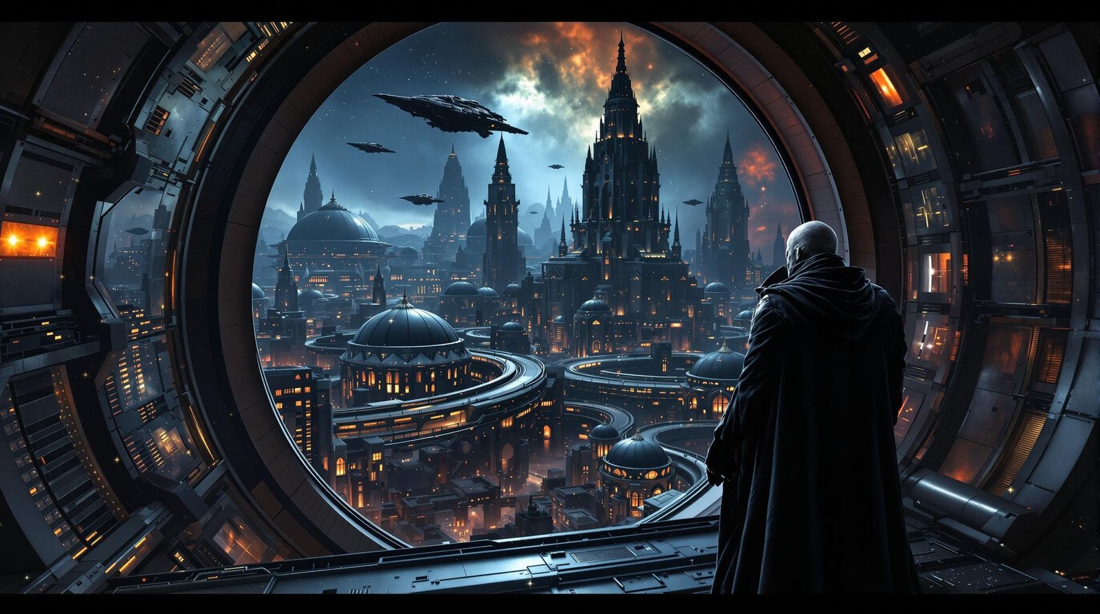 Galactic Emperor Ruling from Futuristic Ugly Alien City