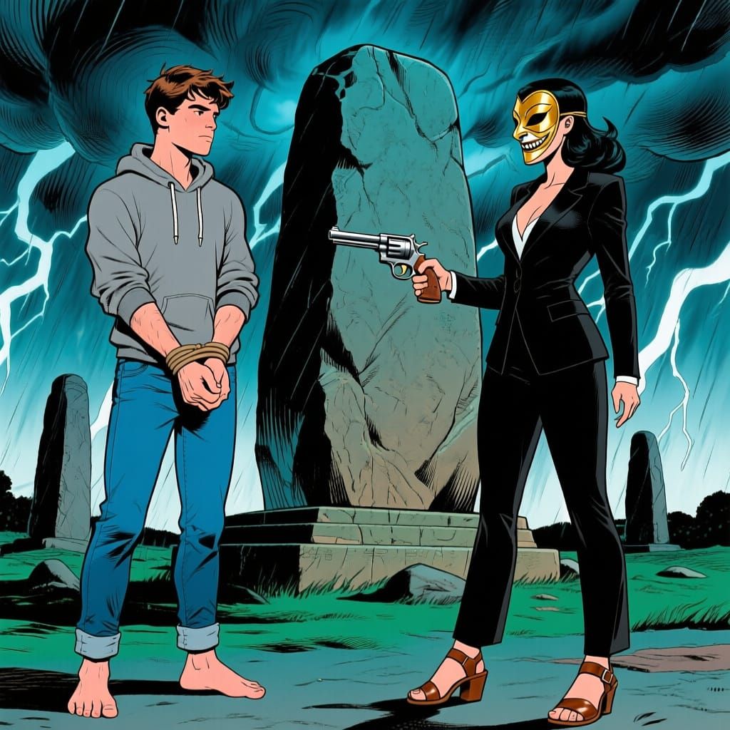 Man Bound, Woman Armed Before Ancient Megalith in Comic Styl...