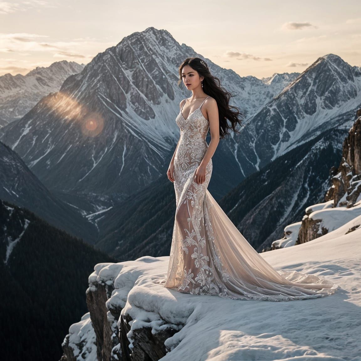 Elegant Asian Bride on Snowy Cliff in Vintage Style