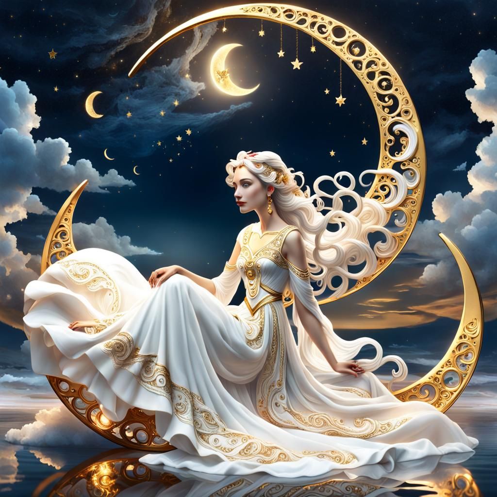 Porcelain Woman on Moon, Hyperrealistic Concept Art