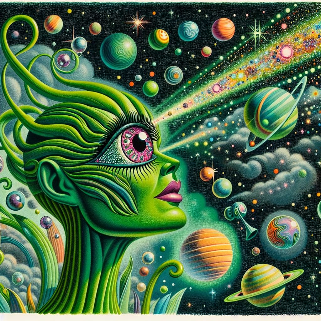 Verdant Giantess Gazing at Surreal Cosmos