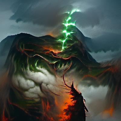 Flaming Giant Lightning God on Green Mountainside