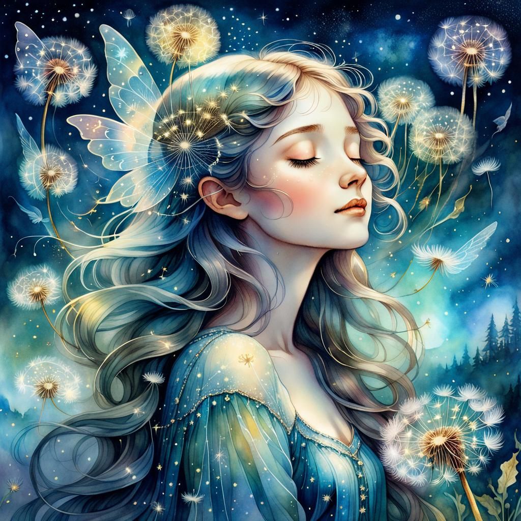 Fairy with Dandelions in Watercolor Dreamscape