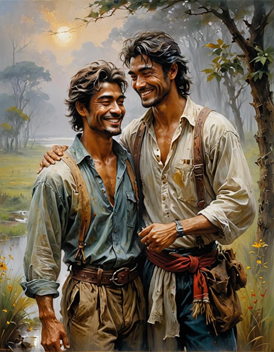 Two Men Smiling in Fog Oil Painting Style