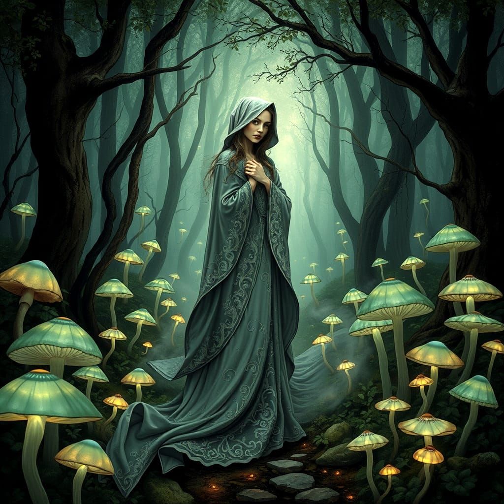Luminous Mushrooms in Enchanted Art Nouveau Forest